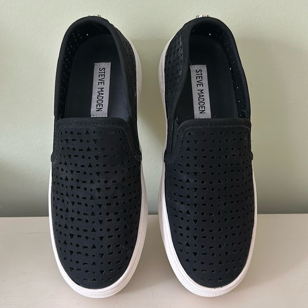 steve madden black perforated slip on shoes